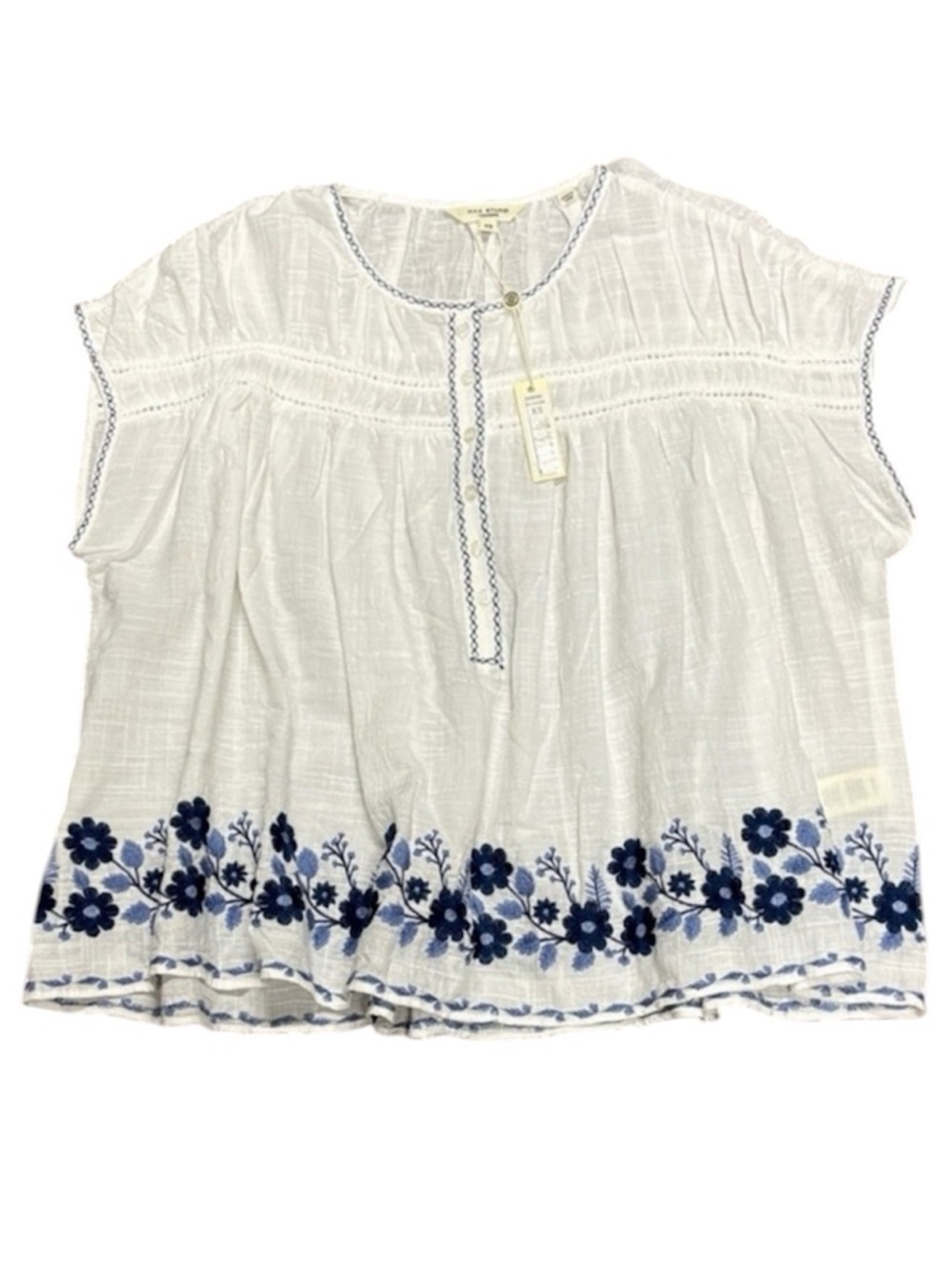 NWT Max Studio boho White Cap-Sleeve Blouse with Blue Floral Embroidery - XS